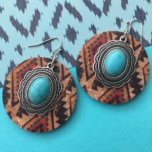 ONE LEFT!! Aztec Cork Disk/Turquoise Concho Earrings
